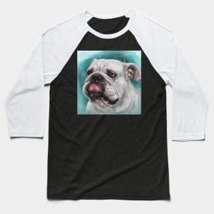 Close Up Painting of a White Bulldog With Its Tongue Out, Blue Background Baseball T-Shirt